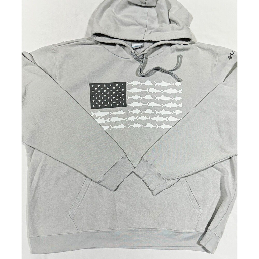 Columbia PFG Men's Gray XXL Pullover Fleece Hoodie USA Fish Graphic Pockets